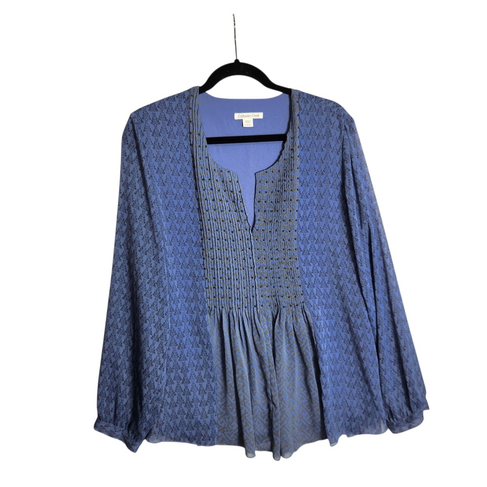 Coldwater Creek Blue Geometric Fan Print Pleated Beaded Blouse Size L 14-16